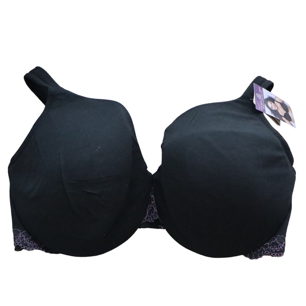 Cacique Lane Bryant Black Purple Cotton Lace Trim Full Coverage Bra 42DDD New